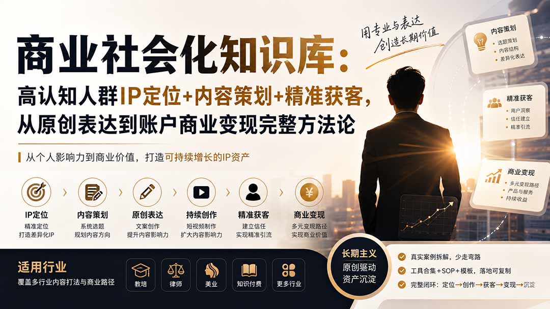 免费资源-商业社会化知识库:高认知人群IP定位+内容策划+精准获客,从原创表达到账户商业变现完整方法论-知铺资源网