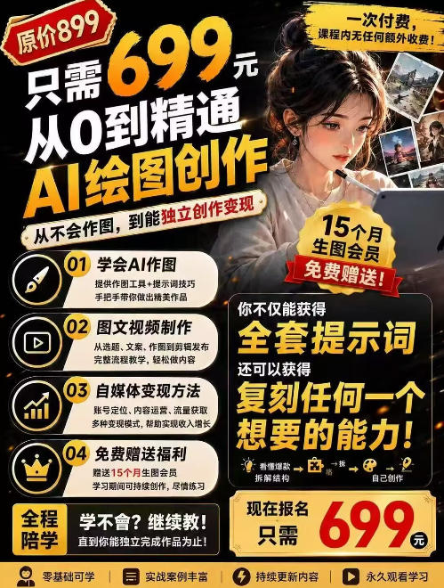 免费资源-抖音10W粉丝博主的AI绘图教学，从0到精通AI绘图创作，从不会作图到能独立创作变现-知铺资源网