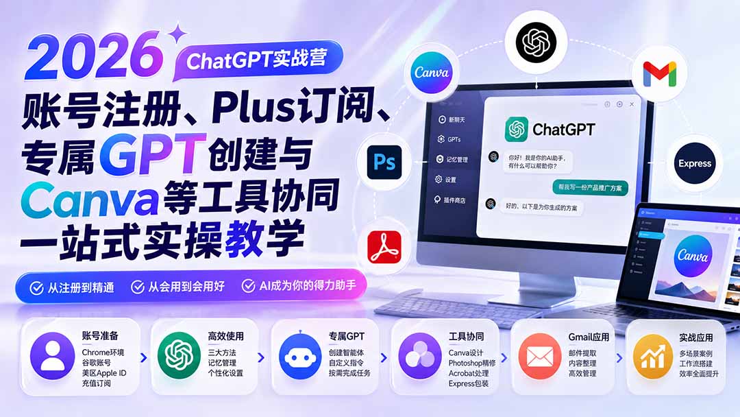 免费资源-2026 ChatGPT实战营；账号注册、Plus订阅、专属GPT创建与Canva等工具协同一站式实操教学-知铺资源网