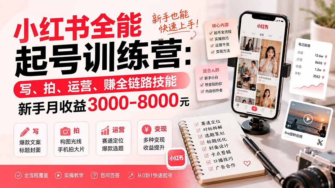 免费资源-小红书全能起号训练营-更新:写、拍、运营、赚全链路技能,新手月收益3000-8000元-知铺资源网