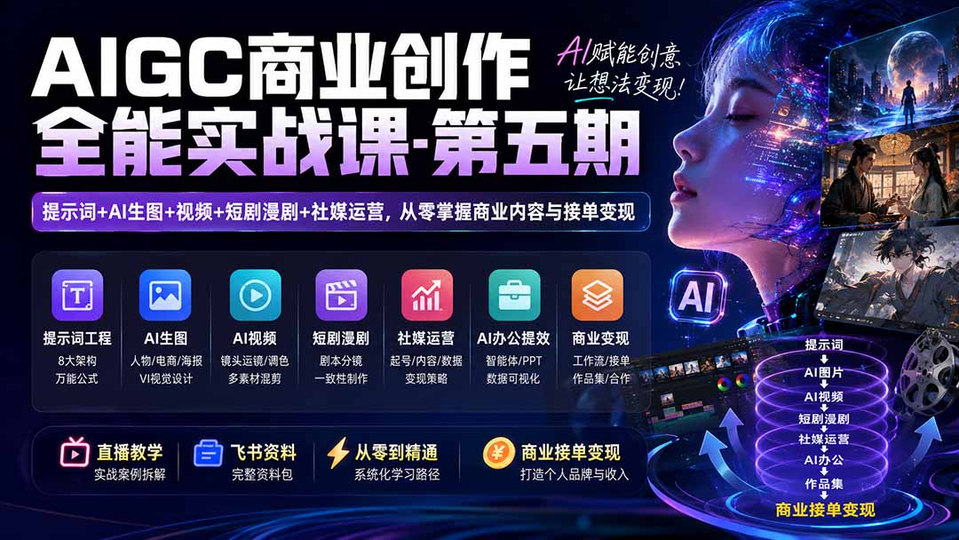免费资源-AIGC商业创作全能实战课-第五期：提示词+AI生图+视频+短剧漫剧+社媒运营，从零掌握商业内容与接单变现-知铺资源网