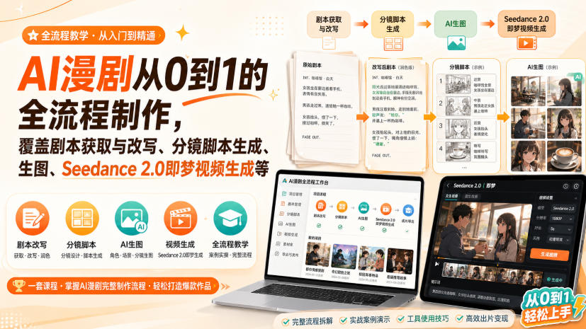 免费资源-AI漫剧从0到1的全流程制作，覆盖剧本获取与改写、分镜脚本生成、角色场景生图与三视图、Seedance 2.0即梦视频生成(PDF版)-知铺资源网