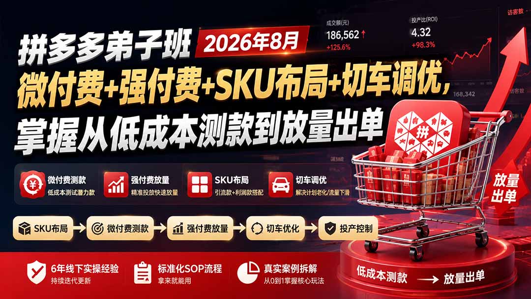 免费资源-拼多多弟子班2026年8月:微付费+强付费+SKU布局+切车调优,掌握从低成本测款到放量出单-知铺资源网