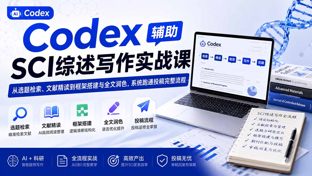 免费资源-Codex辅助SCI综述写作实战课——从选题检索、文献精读到框架搭建与全文润色，系统跑通投稿完整流程-知铺资源网