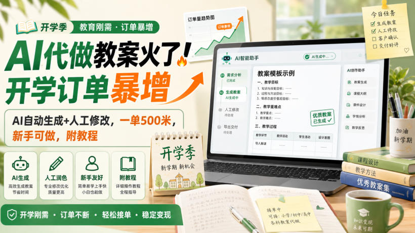 免费资源-AI代做教案火了！开学订单暴增，AI自动生成+人工修改，一单500米，新手可做，附教程【揭秘】-知铺资源网