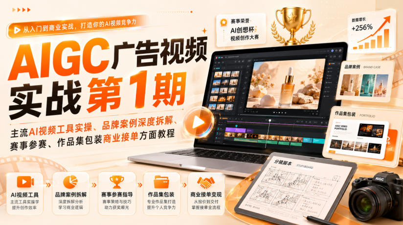 免费资源-AIGC广告视频实战第1期，主流AI视频工具实操、品牌案例深度拆解、赛事参赛、作品集包装商业接单方面教程-知铺资源网