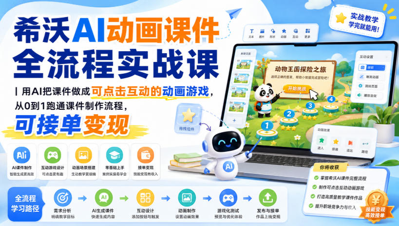 免费资源-希沃AI动画课件全流程实战课|用AI把课件做成可点击互动的动画游戏,从0到1跑通课件制作流程,可接单变现-知铺资源网