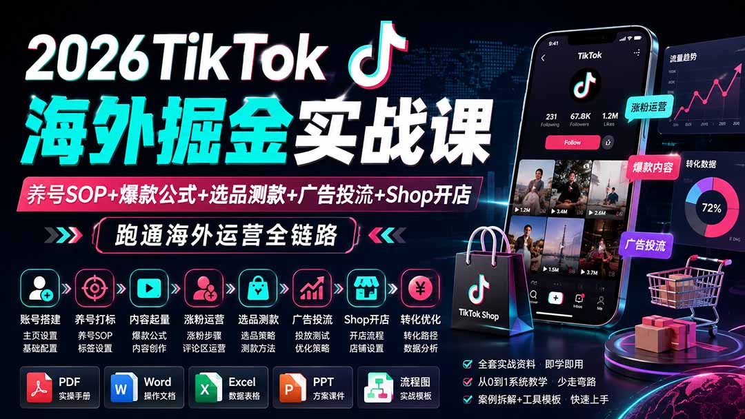 免费资源-2026TikTok海外掘金实战课——养号SOP+爆款公式+选品测款+广告投流+Shop开店,跑通海外运营全链路-知铺资源网