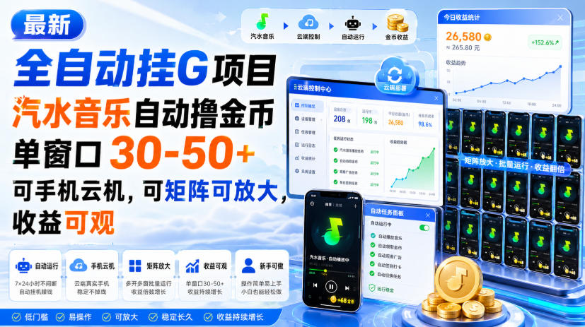 免费资源-最新全自动挂G项目，汽水音乐自动撸金币单窗口30-50+，可手机云机，可矩阵可放大，收益可观-知铺资源网