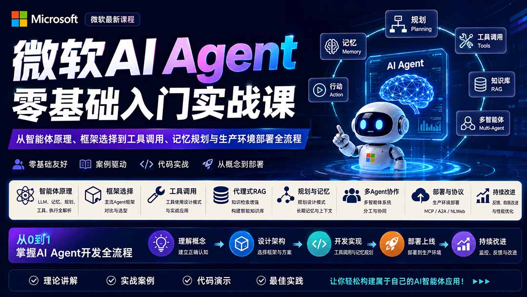 免费资源-微软AI Agent零基础入门实战课：从智能体原理、框架选择到工具调用、记忆规划与生产环境部署全流程-知铺资源网