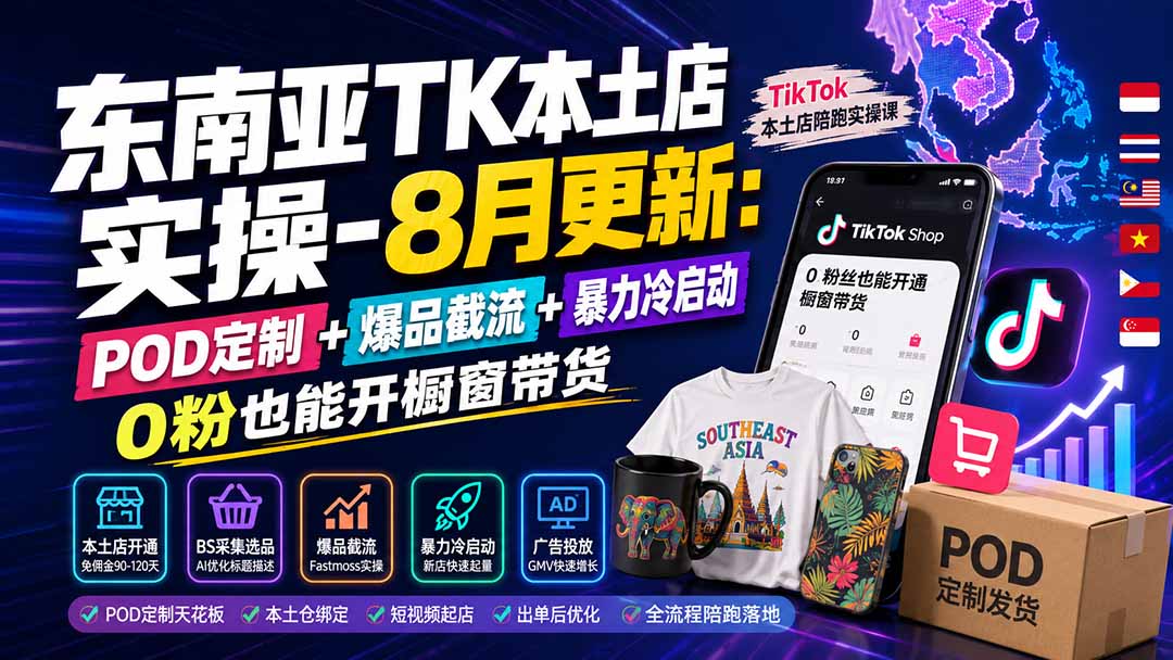 免费资源-东南亚TK本土店实操-8月更新：POD定制+爆品截流+暴力冷启动，0粉也能开橱窗带货-知铺资源网