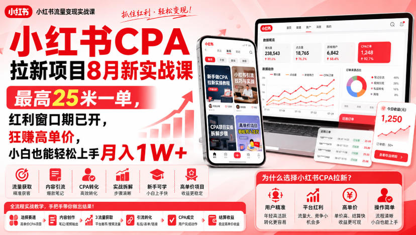 免费资源-小红书CPA拉新项目8月新实战课,最高25米一单,红利窗口期已开,狂賺高单价,小白也能轻松上手月入1W+-知铺资源网