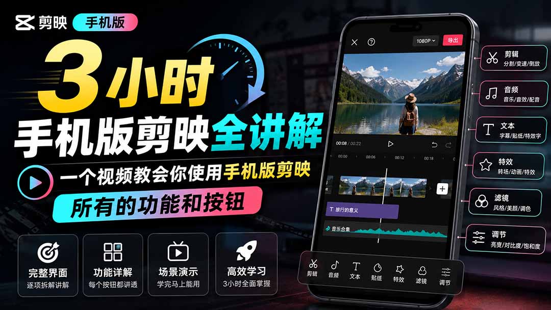 免费资源-3小时手机版剪映全讲解,一个视频教会你使用手机版剪映,所有的功能和按钮-知铺资源网