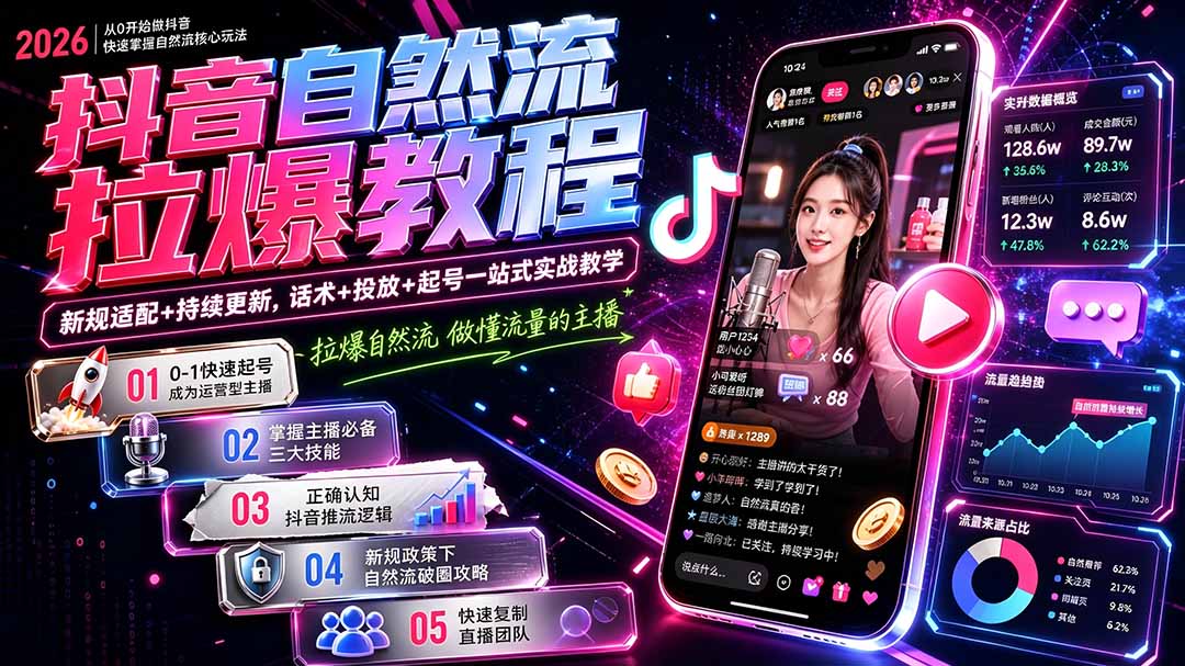 免费资源-抖音自然流拉爆教程-更新8月:做懂流量的主播,新规适配+持续更新,话术+投放+起号一站式实战教学-知铺资源网
