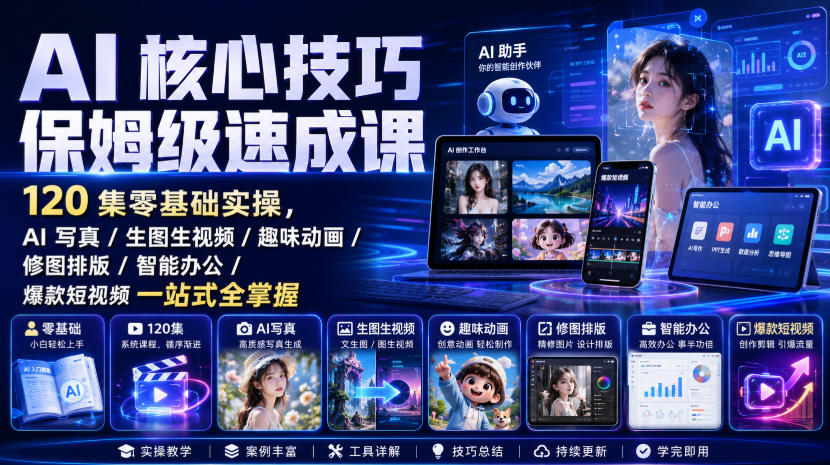 免费资源-AI核心技巧保姆级速成课|120集零基础实操,AI写真/生图生视频/趣味动画/修图排版/智能办公/爆款短视频一站式全掌握(更新)-知铺资源网