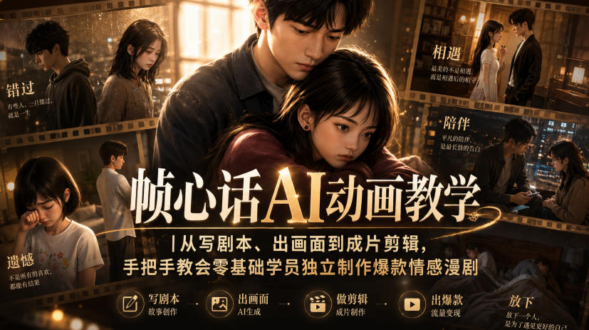 免费资源-帧心话AI动画教学｜从写剧本、出画面到成片剪辑，手把手教会零基础学员独立制作爆款情感漫剧-知铺资源网