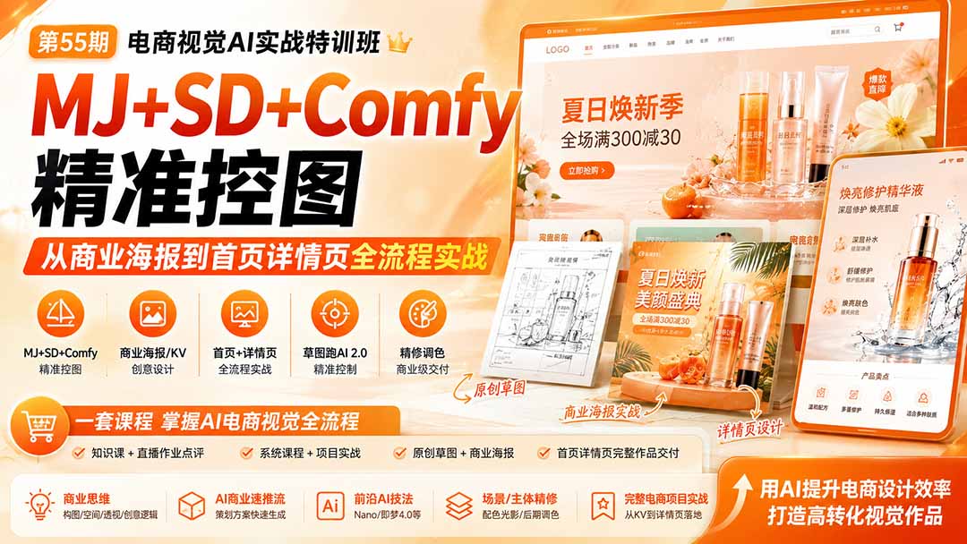 免费资源-电商视觉 AI实战训练营第55期:MJ+SD+Comfy精准控图,从商业海报到首页详情页全流程实战-知铺资源网