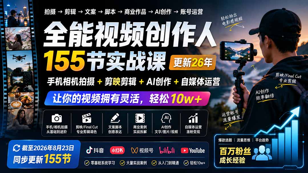 免费资源-全能视频创作人155节实战课-更新26年8月:手机相机拍摄+剪映剪辑+AI创作+自媒体运营,让你的视频拥有灵活,轻松10w-知铺资源网