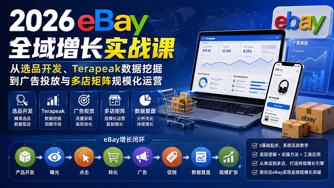 免费资源-2026-Vincent eBay全域增长实战课-无水印:从选品开发、Terapeak数据挖掘到广告投放与多店矩阵规模化运营-知铺资源网