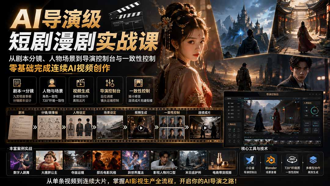 免费资源-AI导演级短剧漫剧实战课:从剧本分镜、人物场景到导演控制台与一致性控制,零基础完成连续AI视频创作 (更新-知铺资源网