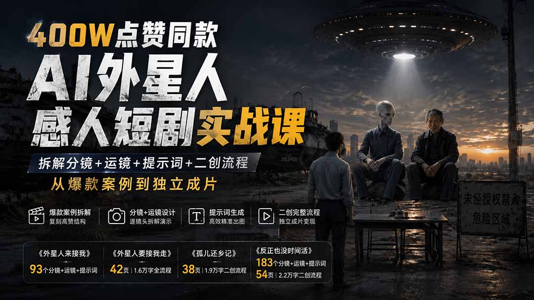 免费资源-400W点赞同款AI外星人感人短剧实战课:拆解分镜+运镜+提示词+二创流程,从爆款案例到独立成片-知铺资源网