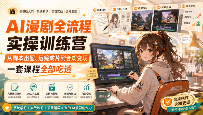 免费资源-AI漫剧全流程实操训练营，从脚本出图、运镜成片到合规变现，一套课程全部吃透-知铺资源网
