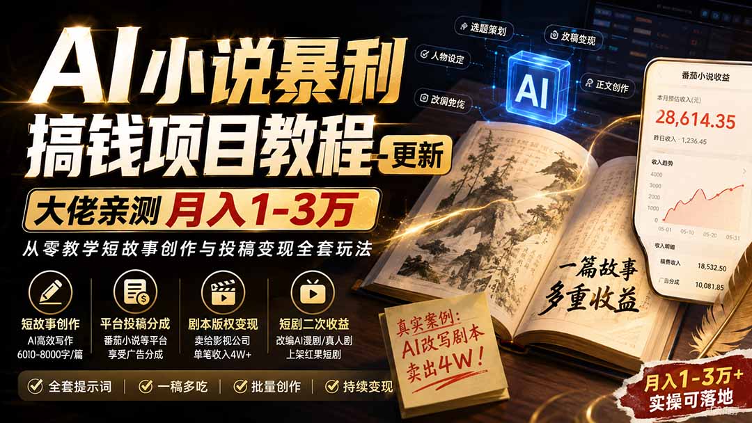 免费资源-AI小说暴利搞钱项目教程-更新,大佬亲测月入1-3万,从零教学短故事创作与投稿变现全套玩法-知铺资源网