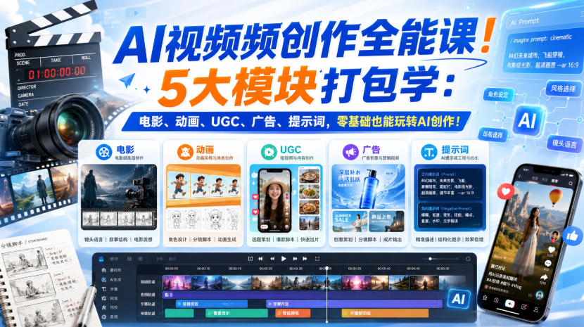 免费资源-AI视频频创作全能课!5大模块打包学:电影、动画、UGC、广告、提示词,零基础也能玩转AI创作!【原创双语字幕】-知铺资源网