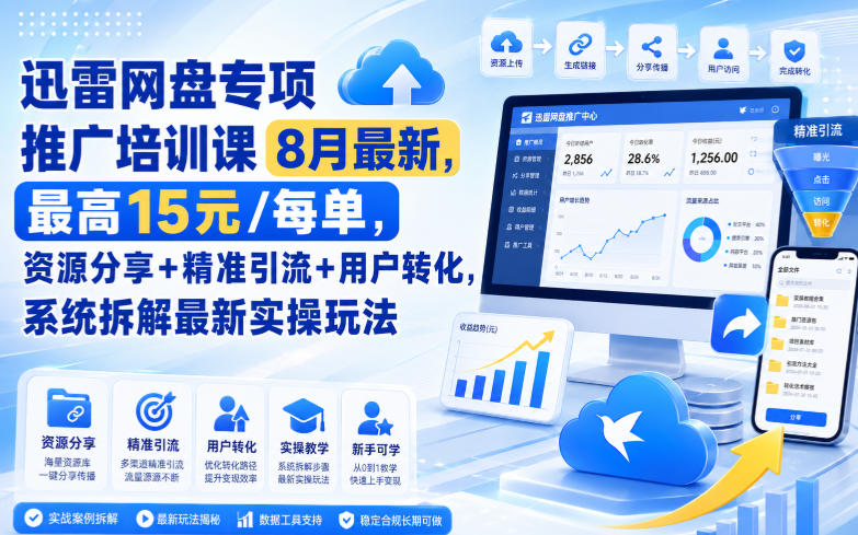 免费资源-迅雷网盘专项推广培训课8月最新,最高15米/每单,资源分享+精准引流+用户转化,系统拆解最新实操玩法(更新0824)-知铺资源网