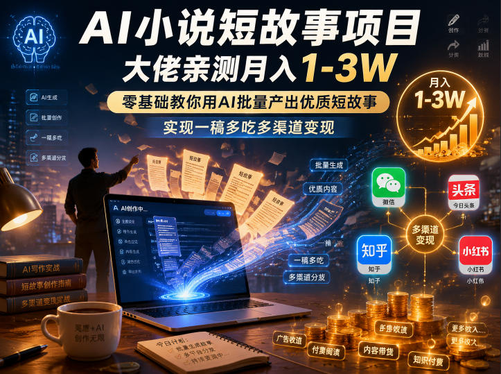 免费资源-AI小说短故事项目,大佬亲测月入1-3W,零基础教你用AI批量产出优质短故事,实现一稿多吃多渠道变现(更新0824)-知铺资源网