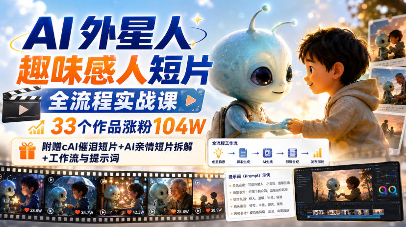 免费资源-AI外星人趣味感人短片全流程实战课,33个作品涨粉104W,附赠AI催泪短片+AI亲情短片拆解+工作流与提示词-知铺资源网