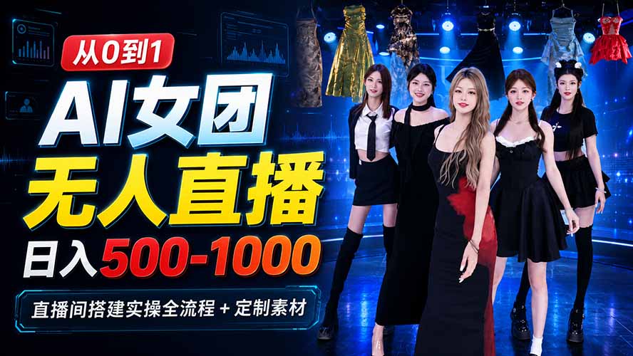 免费资源-AI 女团无人直播,躺入500-1000每天,直播间搭建实操全流程+定制素材-知铺资源网