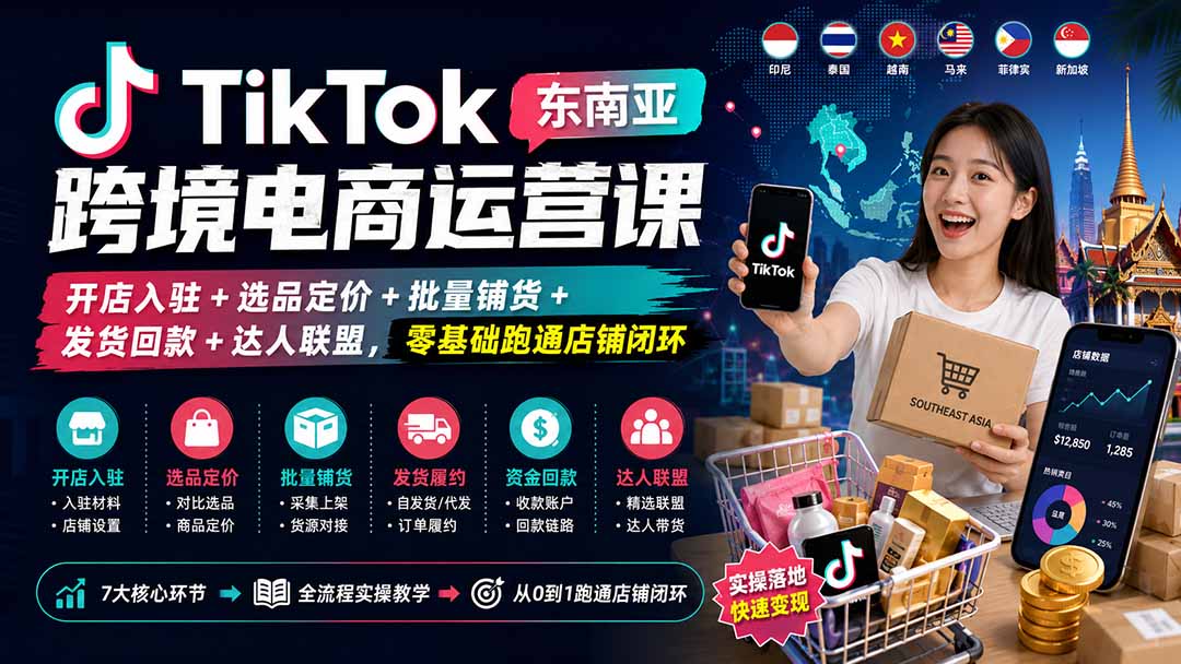 免费资源-TikTok东南亚跨境电商运营课:开店入驻+选品定价+批量铺货+发货回款+达人联盟,零基础跑通店铺闭环-知铺资源网