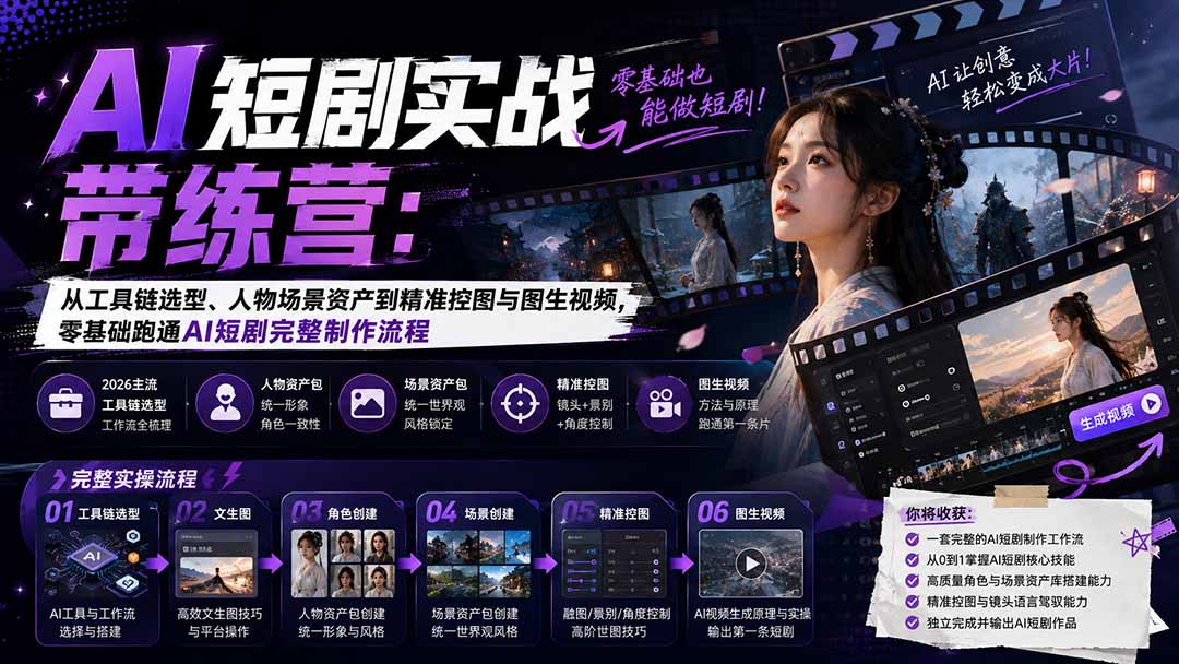 免费资源-AI短剧实战训练营:从工具链选型、人物场景资产到精准控图与图生视频,零基础跑通AI短剧完整制作流程-知铺资源网