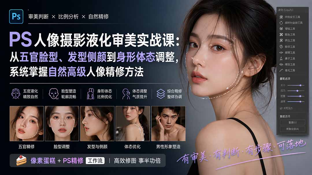免费资源-PS人像摄影液化审美实战课:从五官脸型、发型侧颜到身形体态调整,系统掌握自然高级人像精修方法-知铺资源网
