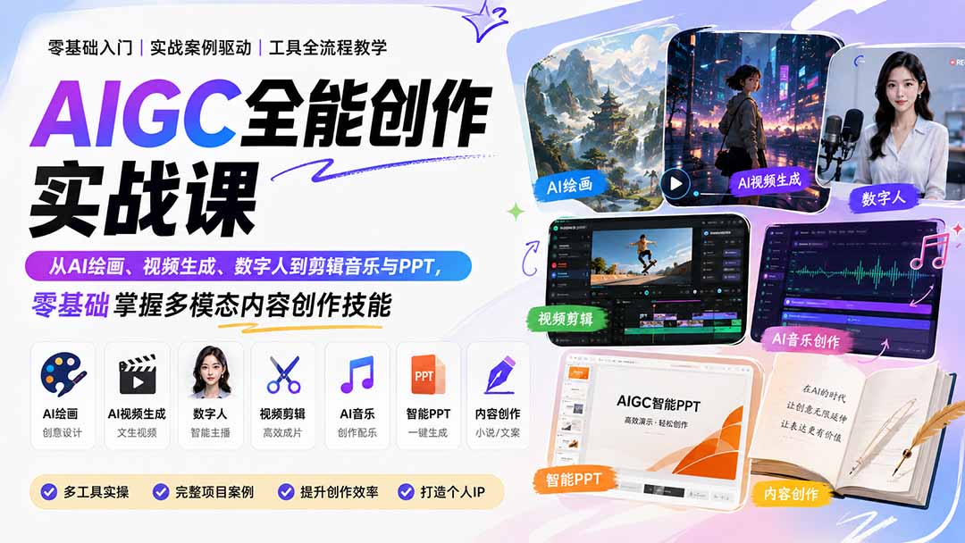 免费资源-AIGC全能创作实战课:从AI绘画、视频生成、数字人到剪辑音乐与PPT,零基础掌握多模态内容创作技能-知铺资源网