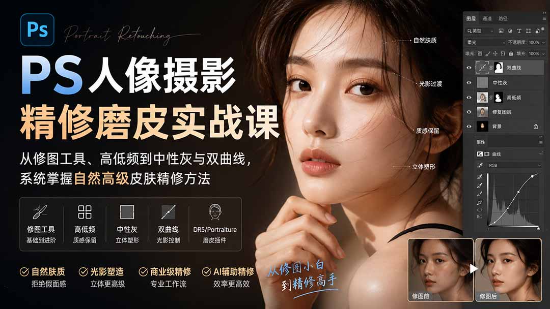 免费资源-PS人像摄影精修磨皮实战课:从修图工具、高低频到中性灰与双曲线,系统掌握自然高级皮肤精修方法-知铺资源网