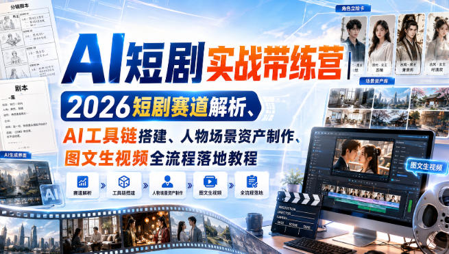 免费资源-AI短剧实战带练营|2026短剧赛道解析、AI工具链搭建、人物场景资产制作、图文生视频全流程落地教程-知铺资源网