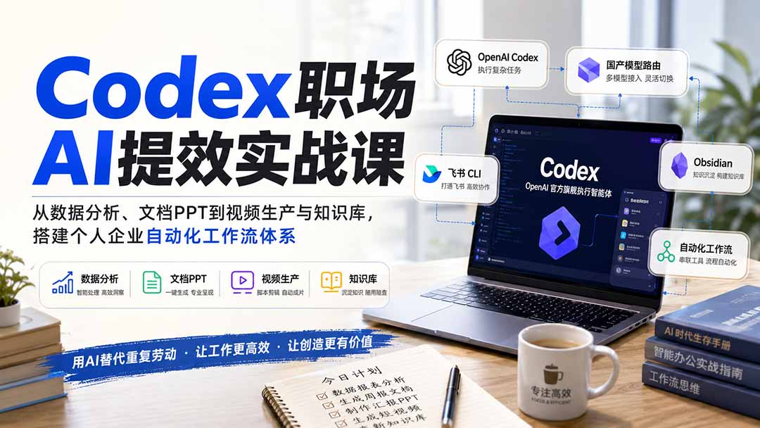 免费资源-Codex职场AI提效实战课:从数据分析、文档PPT到视频生产与知识库,搭建个人企业自动化工作流体系-知铺资源网