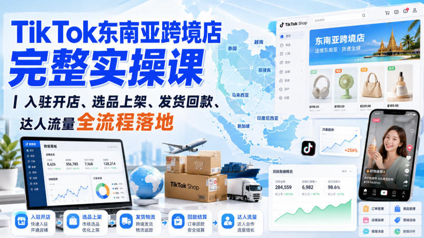 免费资源-TikTok东南亚跨境店完整实操课|入驻开店、选品上架、发货回款、达人流量全流程落地-知铺资源网
