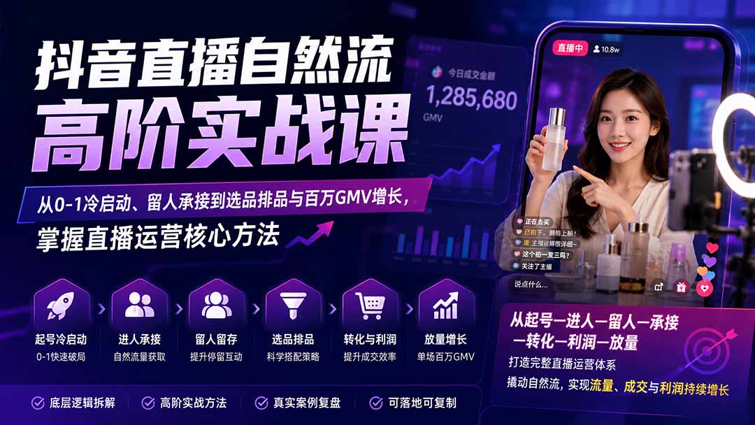 免费资源-抖音直播自然流高阶实战课:从0-1冷启动、留人承接到选品排品与百万GMV增长,掌握直播运营核心方法-知铺资源网