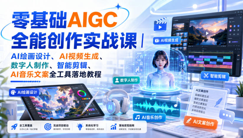 免费资源-零基础AIGC全能创作实战课|AI绘画设计、AI视频生成、数字人制作、智能剪辑、AI音乐文案全工具落地教程-知铺资源网