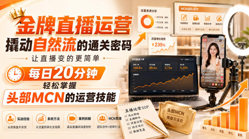 免费资源-金牌直播运营撬动自然流的通关密码,让直播变的更简单,每日20分钟,轻松掌握头部MCN的运营技能-知铺资源网