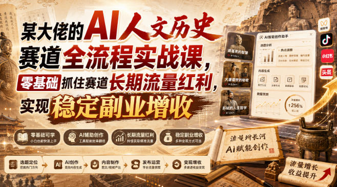 免费资源-某大佬的AI人文历史赛道全流程实战课,零基础抓住赛道长期流量红利,实现稳定副业增收-知铺资源网