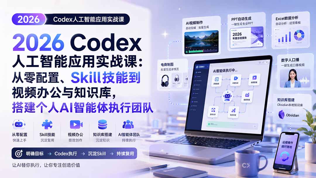 免费资源-2026 Codex人工智能应用实战课:从零配置、Skill技能到视频办公与知识库,搭建个人AI智能体执行团队-知铺资源网