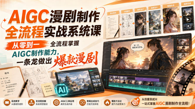 免费资源-AIGC漫剧制作全流程实战系统课,从零到一全流程掌握AIGC制作能力,一条龙做出爆款漫剧-知铺资源网