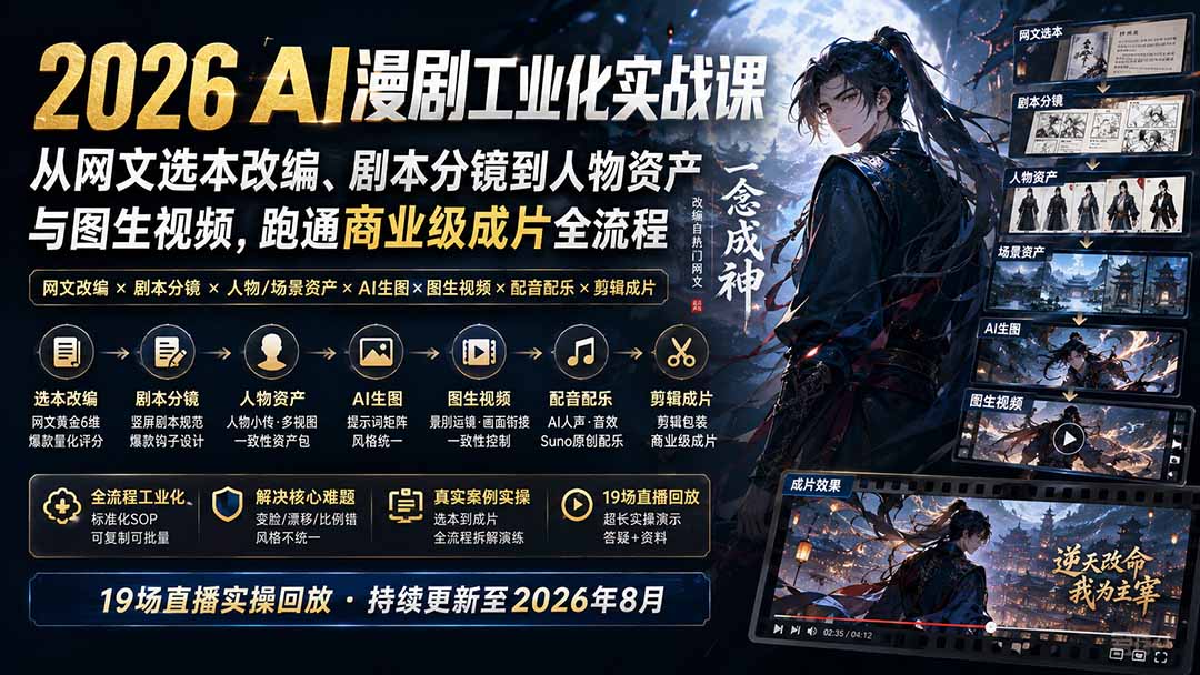 免费资源-2026 AI漫剧工业化实战课-更新:从网文选本改编、剧本分镜到人物资产与图生视频,跑通商业级成片全流程-知铺资源网