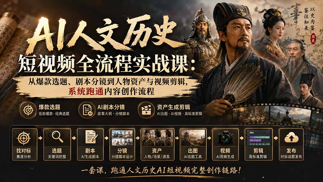 免费资源-AI人文历史短视频全流程实战课:从爆款选题、剧本分镜到人物资产与视频剪辑,系统跑通内容创作流程-知铺资源网
