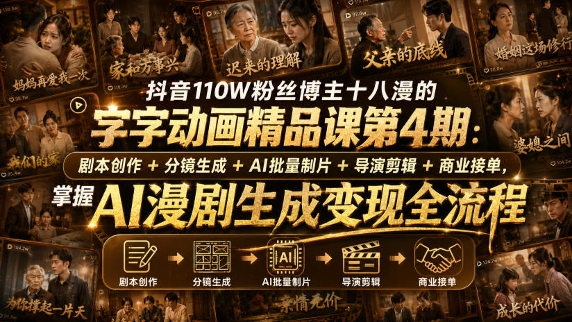 免费资源-抖音110W粉丝博主十八漫的字字动画精品课第4期:剧本创作+分镜生成+剪辑+商业接单,掌握AI漫剧生成变现全流程-知铺资源网