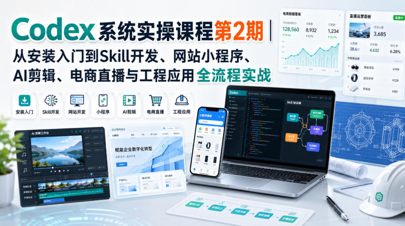 免费资源-Codex系统实操课程第2期|从安装入门到Skill开发、网站小程序、AI剪辑、电商直播与工程应用全流程实战-知铺资源网